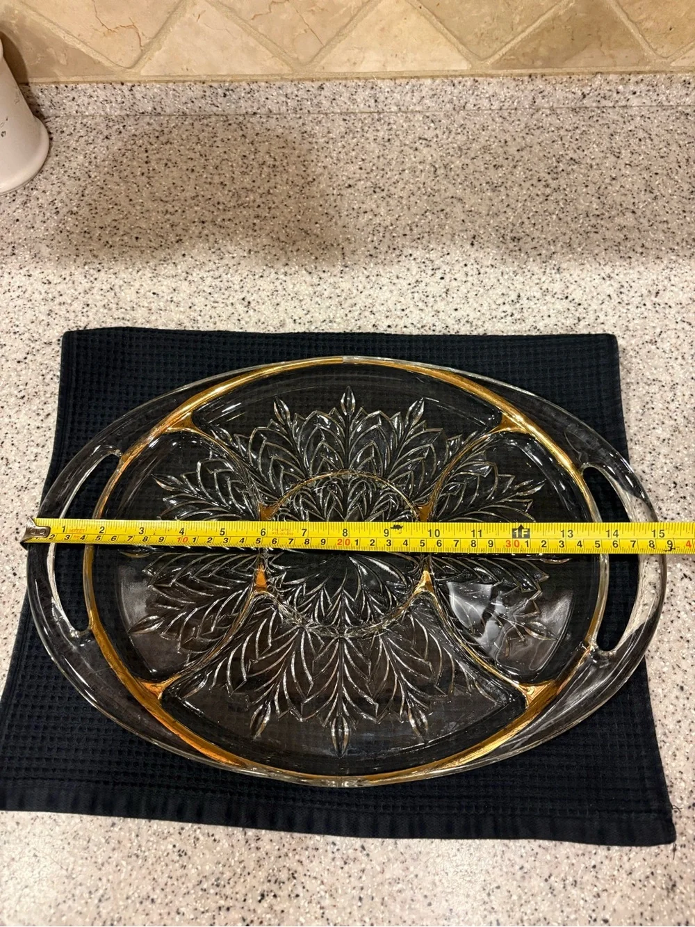 Vintage 5-section glass serving tray is likely a 1950s Jeannette